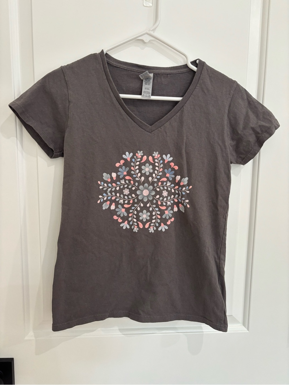 Gildan Charcoal V-Neck Tee with Pink and Light Gray Floral Medallion